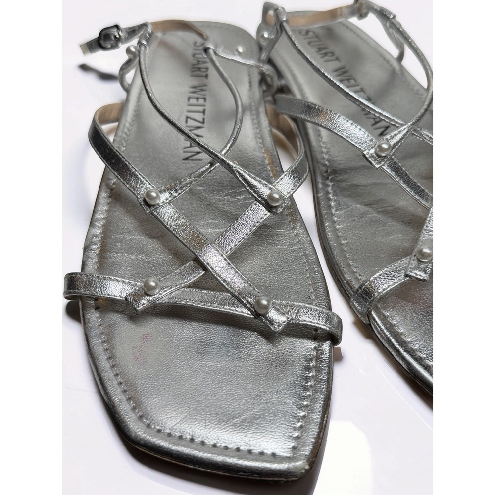 Stuart Weitzman Astrid Flat Sandals Women's Size 7.5 Silver Slingback